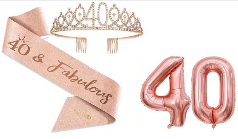 40th Birthday Tiara, Sash and Number Balloons - Rose Gold