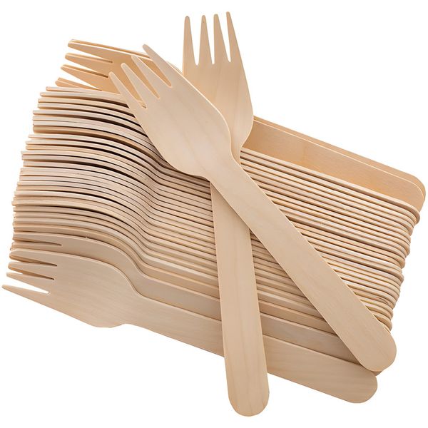 100Pcs Disposable Wooden Forks Natural Wooden Utensils(16 x 2.6cm)