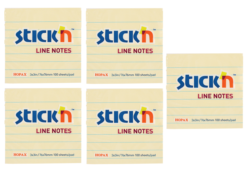 Stick'n Adhrsive Sticky Notes With Lines Pastel Yellow 76mm x 76mm - Pack 5