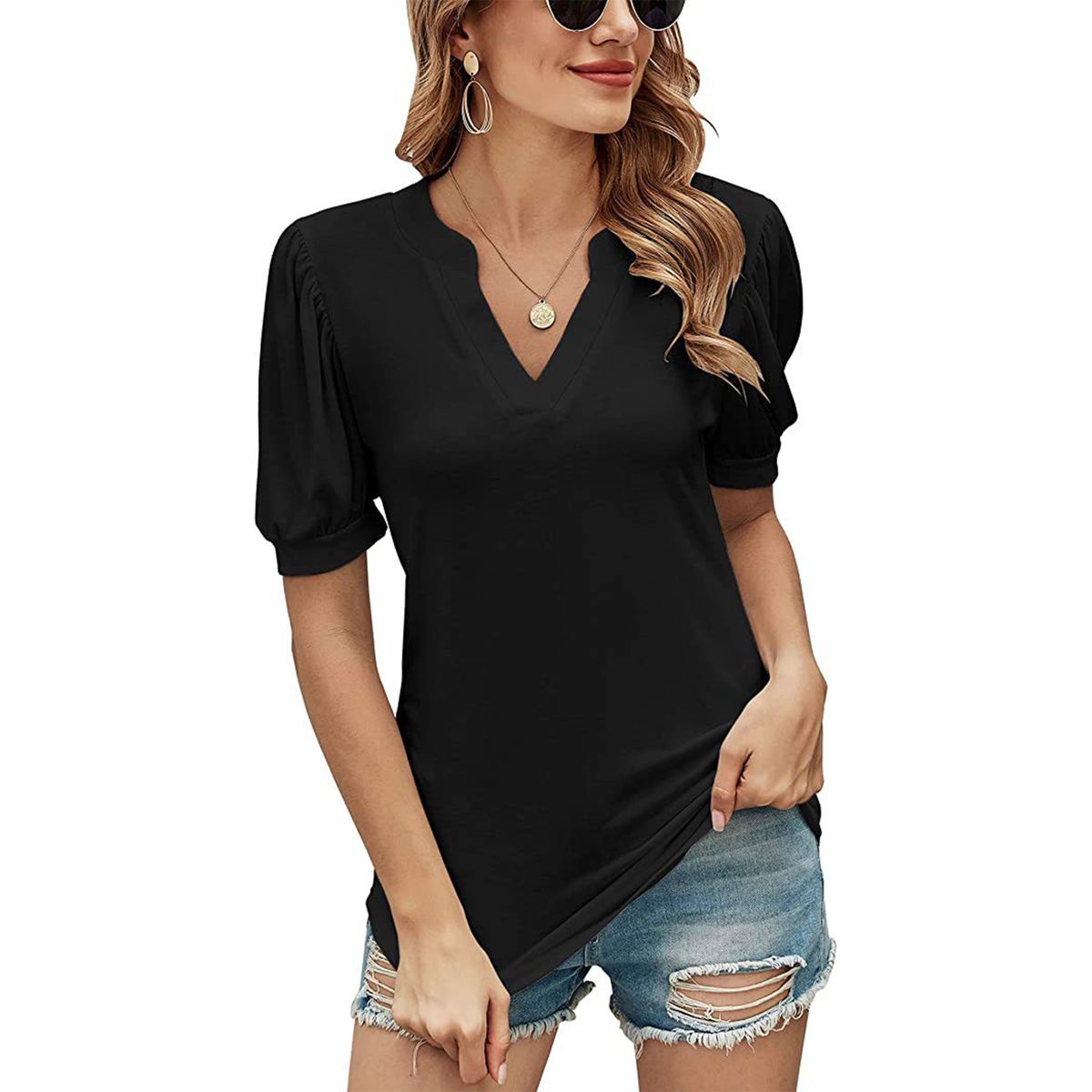 Womens V Neck T-Shirts Casual Puff Sleeve Loose Blouses Summer | Shop ...