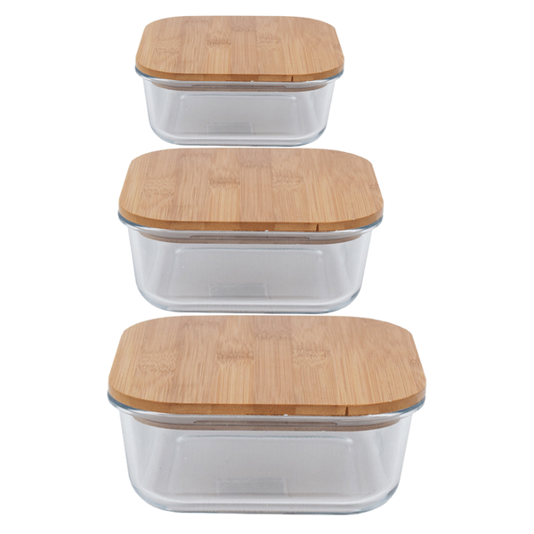 Square Glass Lunch Box Wooden Lid Set of 3