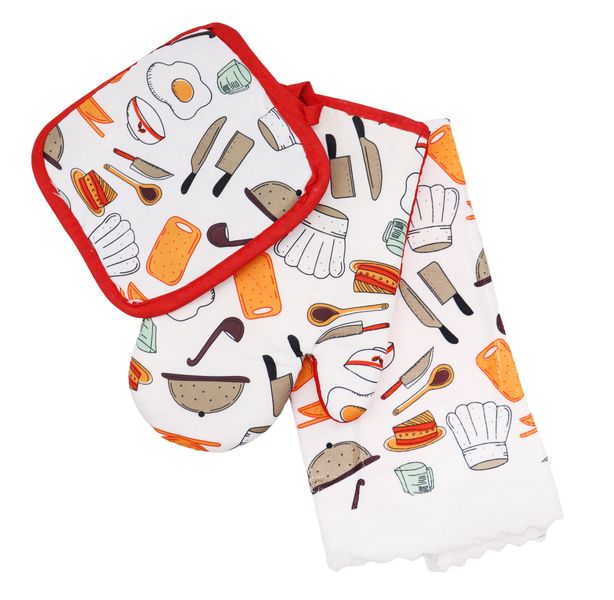 3 -Piece Oven Mitten Set Potholder Towel Assorted Designs &amp; Colors