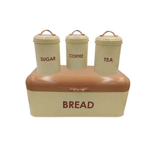 Distoplan New Retro Design Bread Bin &amp; 3 Pieces Canister Set with Gold Handle