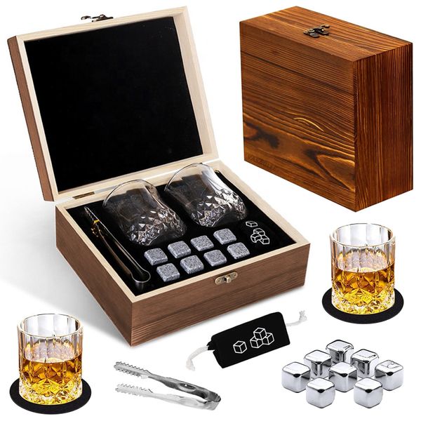 15pcs Whiskey Box Set for Men with Glasses &amp; Stones Wood Gift