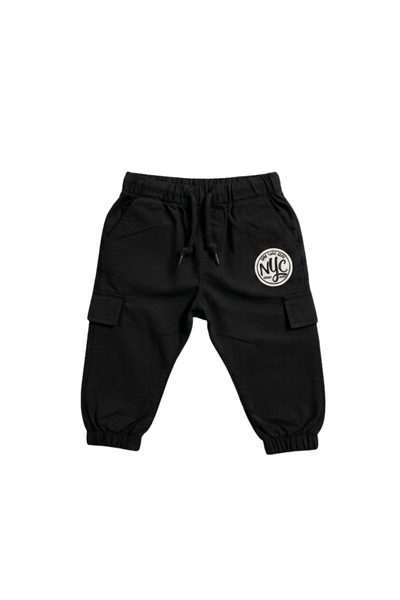 Boys Black Polyester Cargo Joggers with Black Logo - Elasticated Cuff