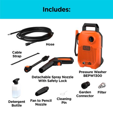 Black+Decker Corded Compact Pressure Washer 1300W 110 BAR