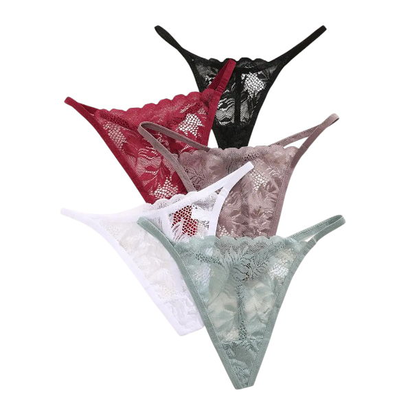 5 Piece Delicate Lace Comfort Thong Set - Small - Multicolor