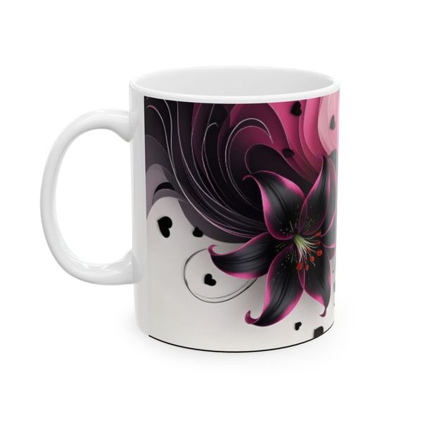 Floral Mug - Black And Pink Flower With Heart Pattern
