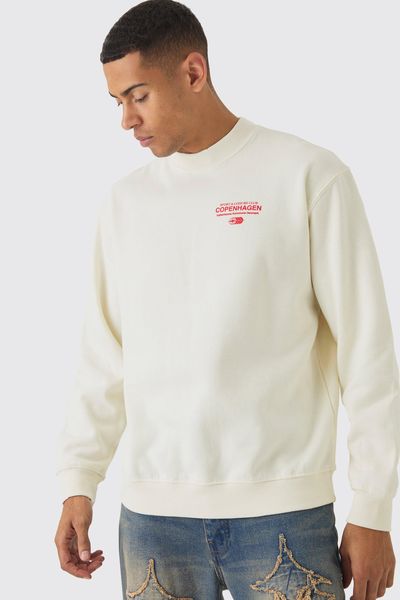 boohooMAN - Oversized Copenhagen Text Graphic Sweatshirt - Ecru
