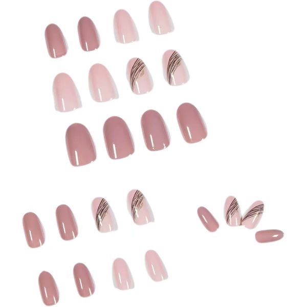 French Style Gold Lined Lotus Root Pink Nail Art Almond False Nails
