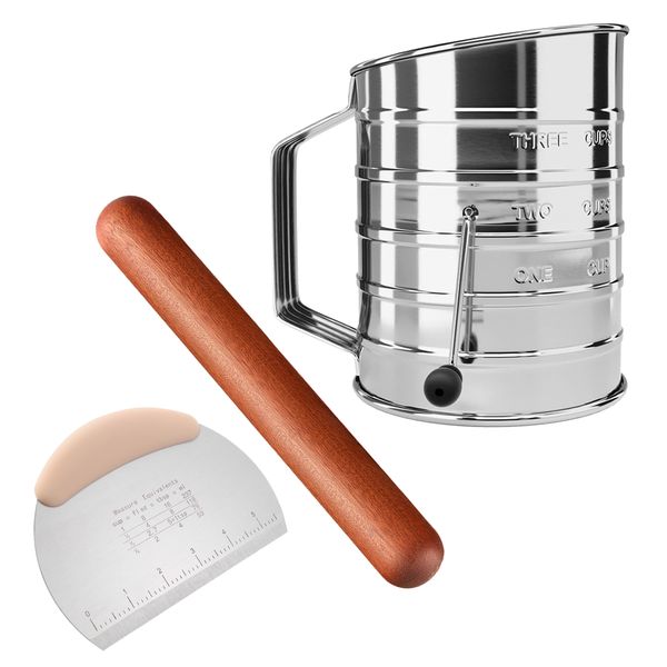3 Piece Baking Stainless Steel Flour Sifter Dough Scraper Wooden Rolling Pin