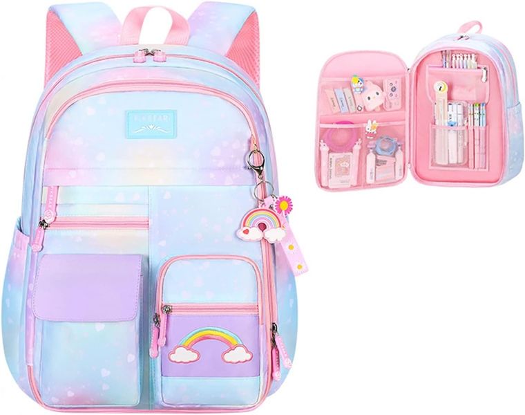School Girls Rainbow Backpack Refrigerator Door Style &amp; Multi Compartments