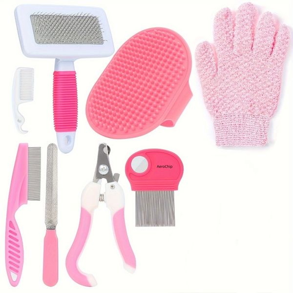 8-Piece Rabbit Grooming Kit - Pink Pet Care Set for Fur Cleaning