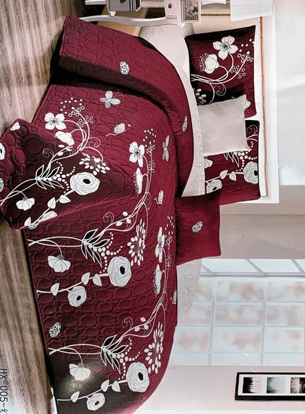 Bedspread Set Queen 5 Piece Microfiber Maroon White Garden