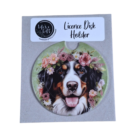 Dog & Flowers Licence Disk Holder - Happyy Bernese-Mountain Dog Image