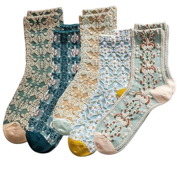 Vintage Floral Mesh Socks Set - Breathable Knit Crew Socks 5 Pack