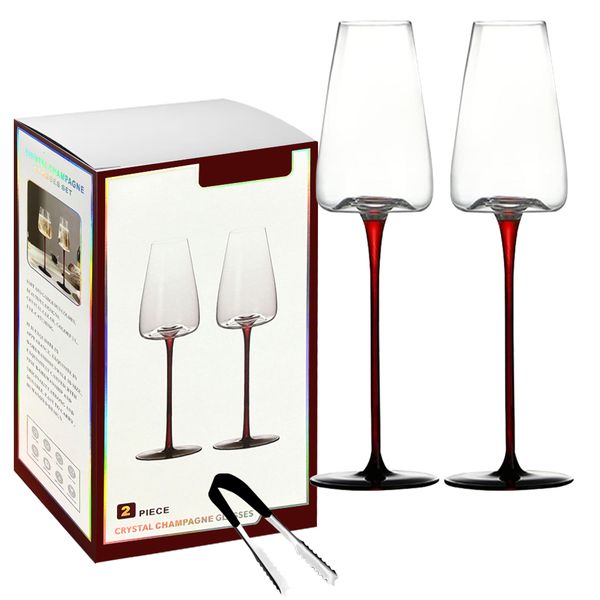 3 Piece Set - Elegant Red Stem Concave Champagne Glasses