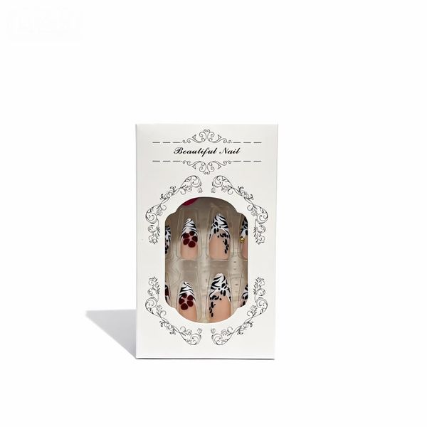 Press On Nails Zebra Print Floral Pattern White 24 Pieces