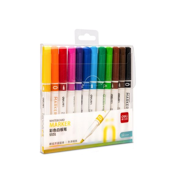 Deli Whiteboard Marker Bullet Tip 1.3mm, 12 Assorted Colors