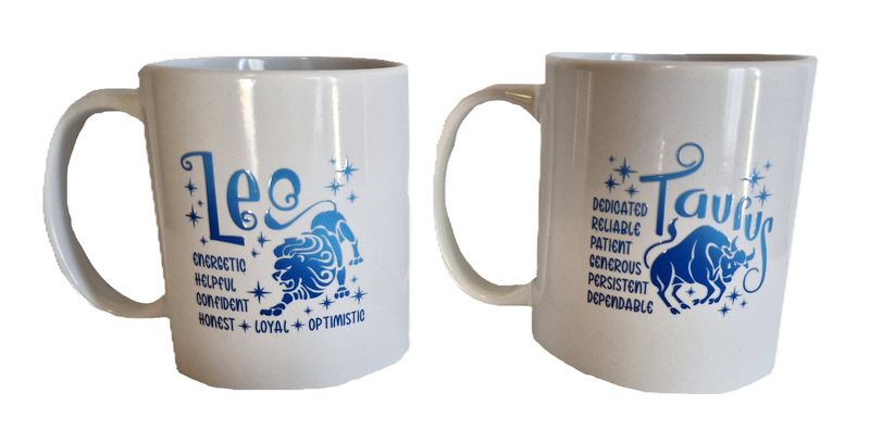 Set of 2 Coffee mugs with Zodiac sign Leo &amp; Taurus