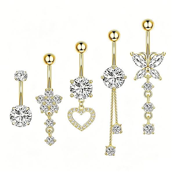 Gold-Belly Rings Set, Dangly Belly Button Piercing Navel,Belly Bar - 5Piece