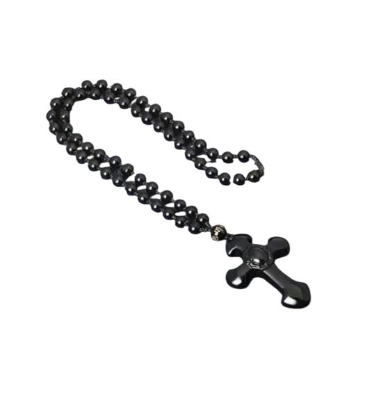 Natural Obsidian Cross Pendant Necklace - Black