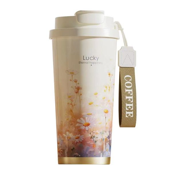 Lucky Floral Double Wall Stainless Steel Ceramic Coffee Mug 530ML