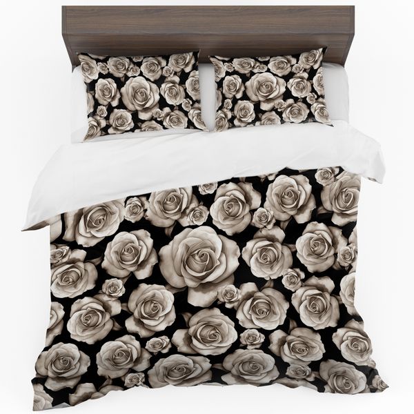 Brown Roses On Black Duvet Cover Set