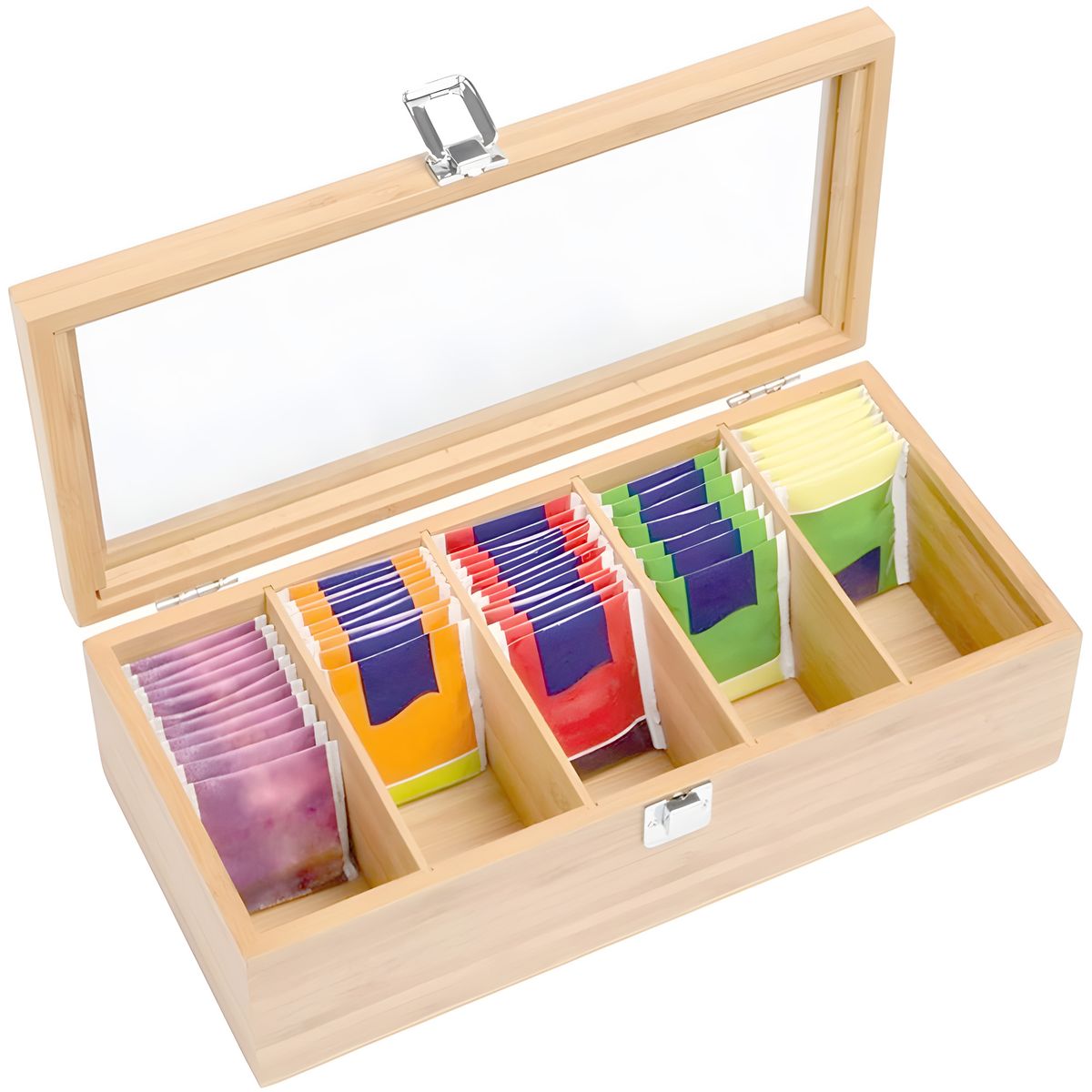 Bamboo Tea Bag Storage Box with Lock 5 Compartments Tea Organizer Tea ...