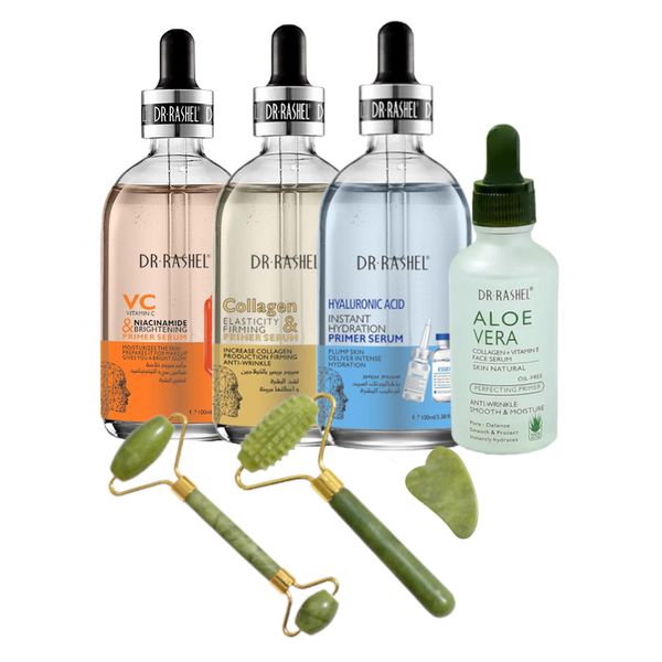 Set of 4 Anti-Aging Primer Serums with Jade Facial Massager Set