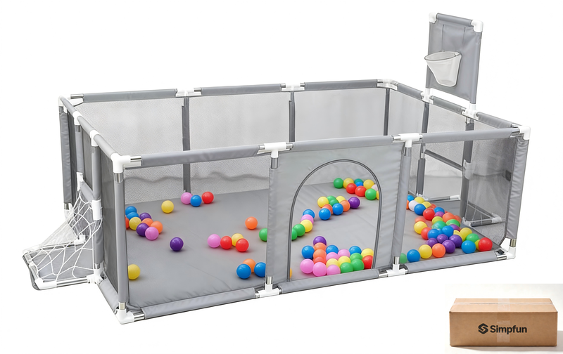 Baby Playpen Safety Barrier, Kids Playyard Basketball Hoop and Football Net