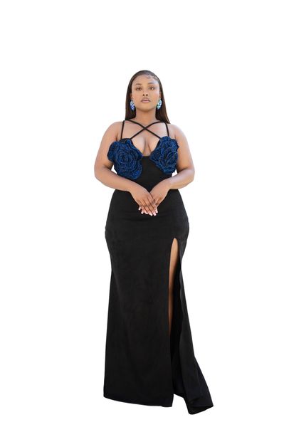 Selphies African Print Black Suede Scuba Bodycon Trail Dress with Slit