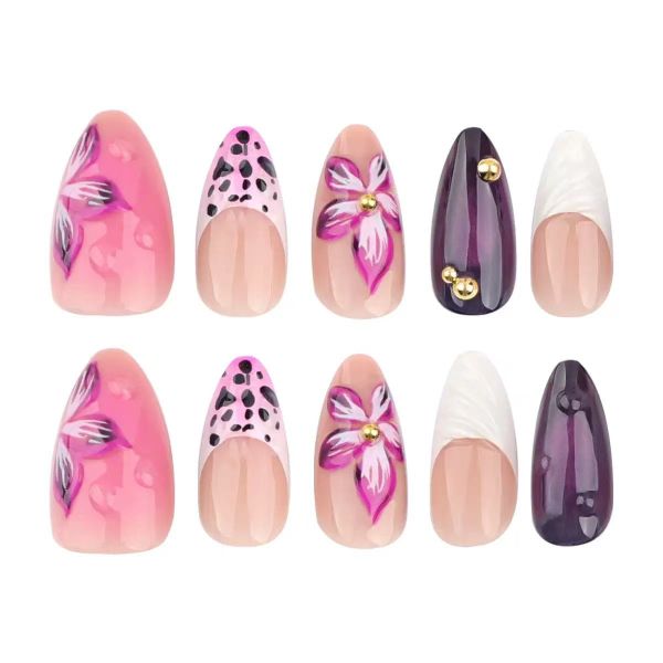 Nails Short Almond Pink Purple Ombre Nail Tips Acrylic Nail Kit 3D Flowers