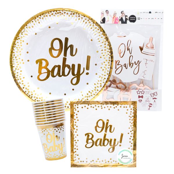 Baby Shower Gold and White 3 Piece Party Box with Photo Props - 10 Invites
