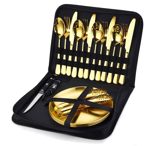 Portable Outdoor Camping Stainless Steel Gold Cutlery Set - 10 Pieces