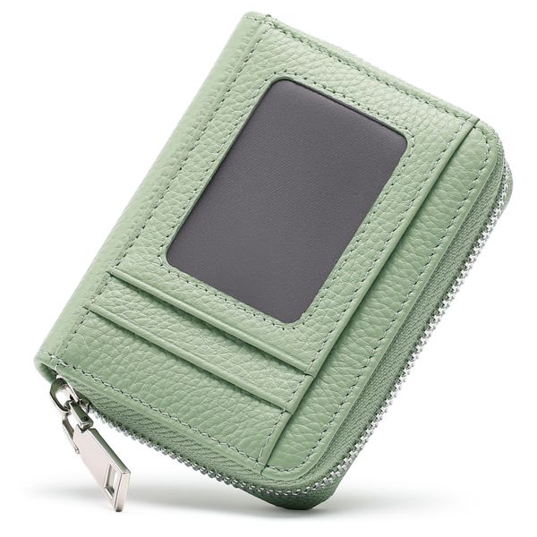Women's Genuine Leather RFID Card Holder - 14 Slots, ID Window, Slim, Green