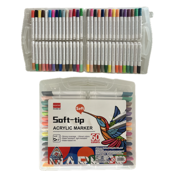 60 Premium Soft-Tip Brush Paint Acrylic Markers - Multi-Material Compatible