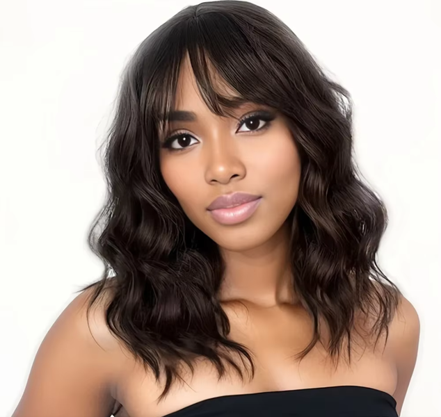 Natural Brown Synthetic Curly Wavy Bob Wig with Bangs for Women