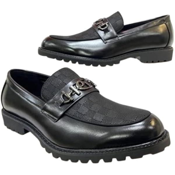 Men's Black Textured Leather Loafers with Metal Bit &amp; Rugged Sole