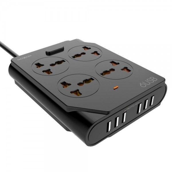 6 USB Fireproof Power Socket - 10A - Black