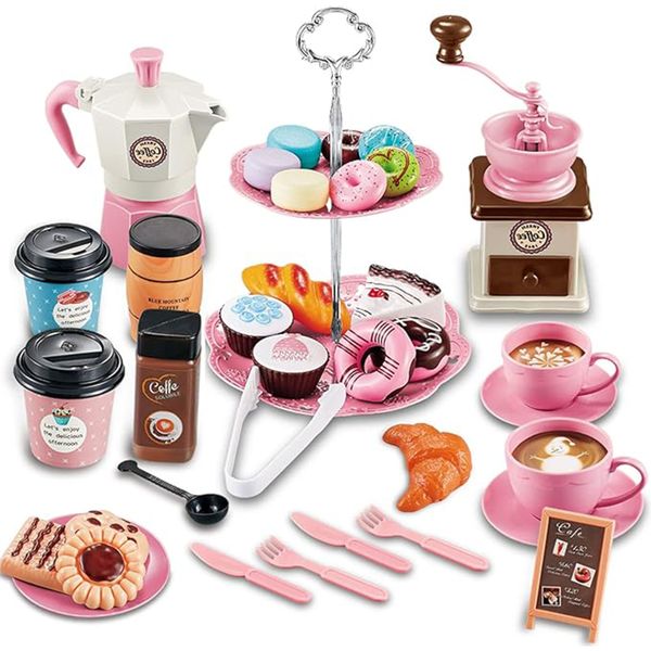 38Pcs Kids Pretend Tea Party Toys Set Kitchen Dessert Coffee Maker Toys Set