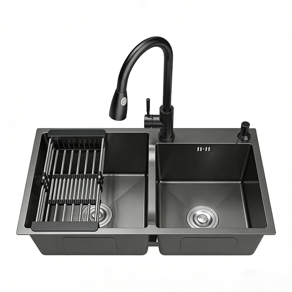 Black Double Bowl Kitchen Sink Nano Coated Stainless Steel