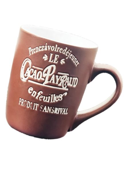 Vintage Brown Ceramic Coffee Mug with Embossed Cacao Design