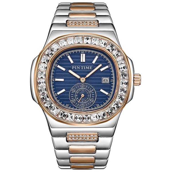 PINTIME Luxury Silver, Gold Iced Out Watch for Men