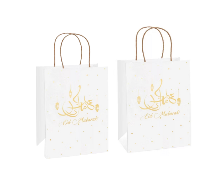 2PK Eid Mubarak Gift Bag Paper White &amp; Gold Foil Print Design Handle