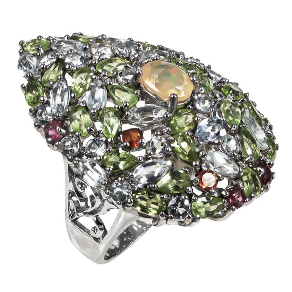 Showy Natural Peridot, Aquamarine, Fire Opal 925 Sterling Silver Ring