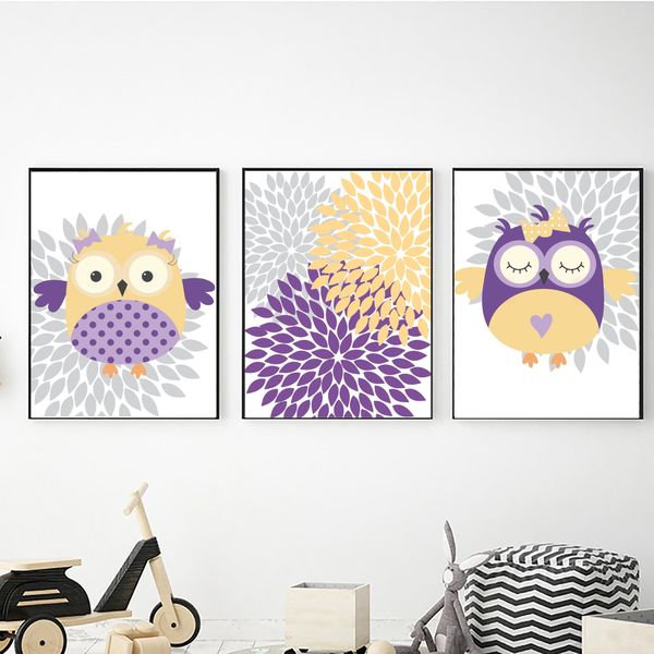 Purple Owls - A3 Canvas -Set Of 3