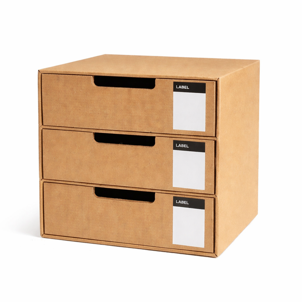 3-Drawer - Paper Desktop Storage Box with Vertical Sticker - Brown