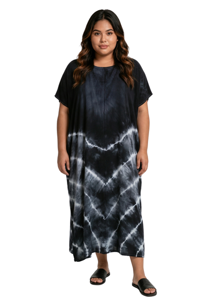 Plus Size Black Tie Dye Rayon Maxi Kaftan Dress for Women