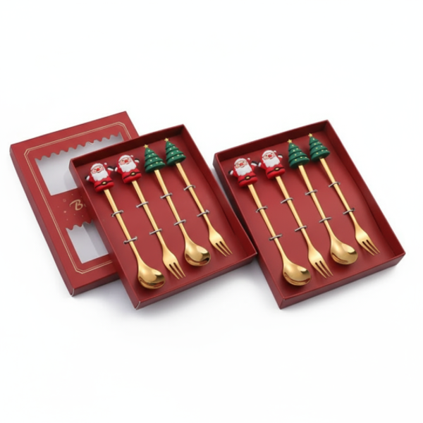 Gold Christmas Dessert Cutlery Set - Santa &amp; Tree Design - 8 Pieces